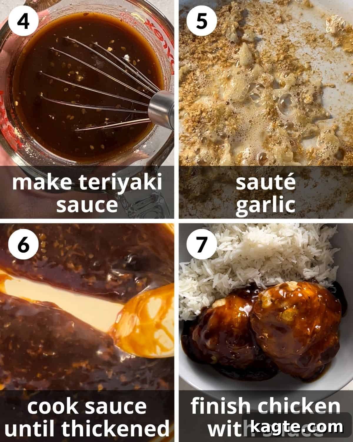 Easy Air Fryer Teriyaki Chicken 5 A 4 photo collage showing how to make the homemade teriyaki sauce. Images depict combining ingredients, sautéing garlic, simmering the sauce, and the final thickened sauce.