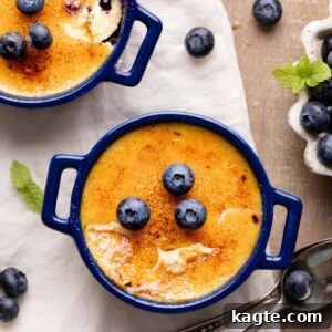 Blueberry Crème Brûlée for Two, with a crisp sugar topping and fresh blueberries