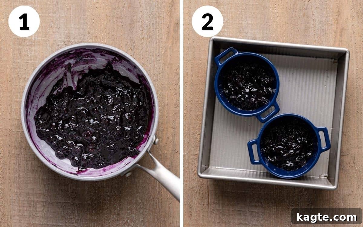 Double Delight Blueberry Crème Brûlée 4 Image showing blueberry sauce simmering in a saucepan and ramekins filled with blueberry sauce placed in a baking pan.