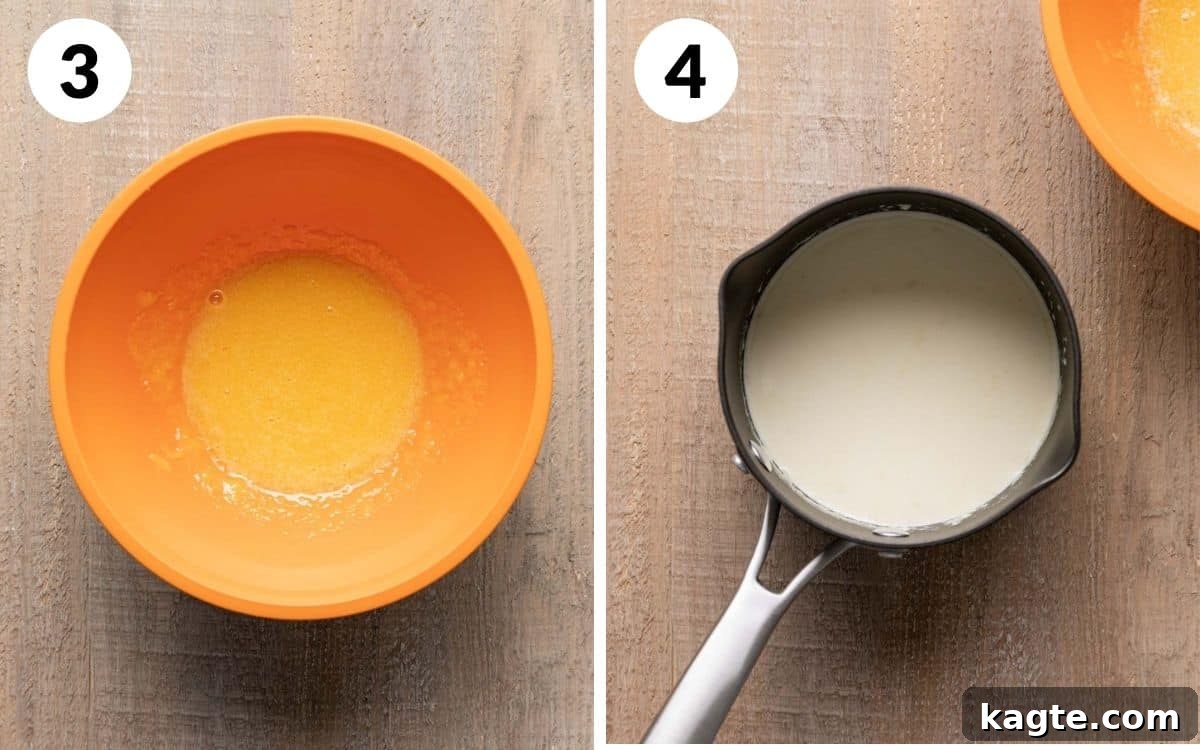 Double Delight Blueberry Crème Brûlée 5 Image showing whisked egg yolks with sugar in a bowl and hot cream with vanilla and almond extract in a saucepan.