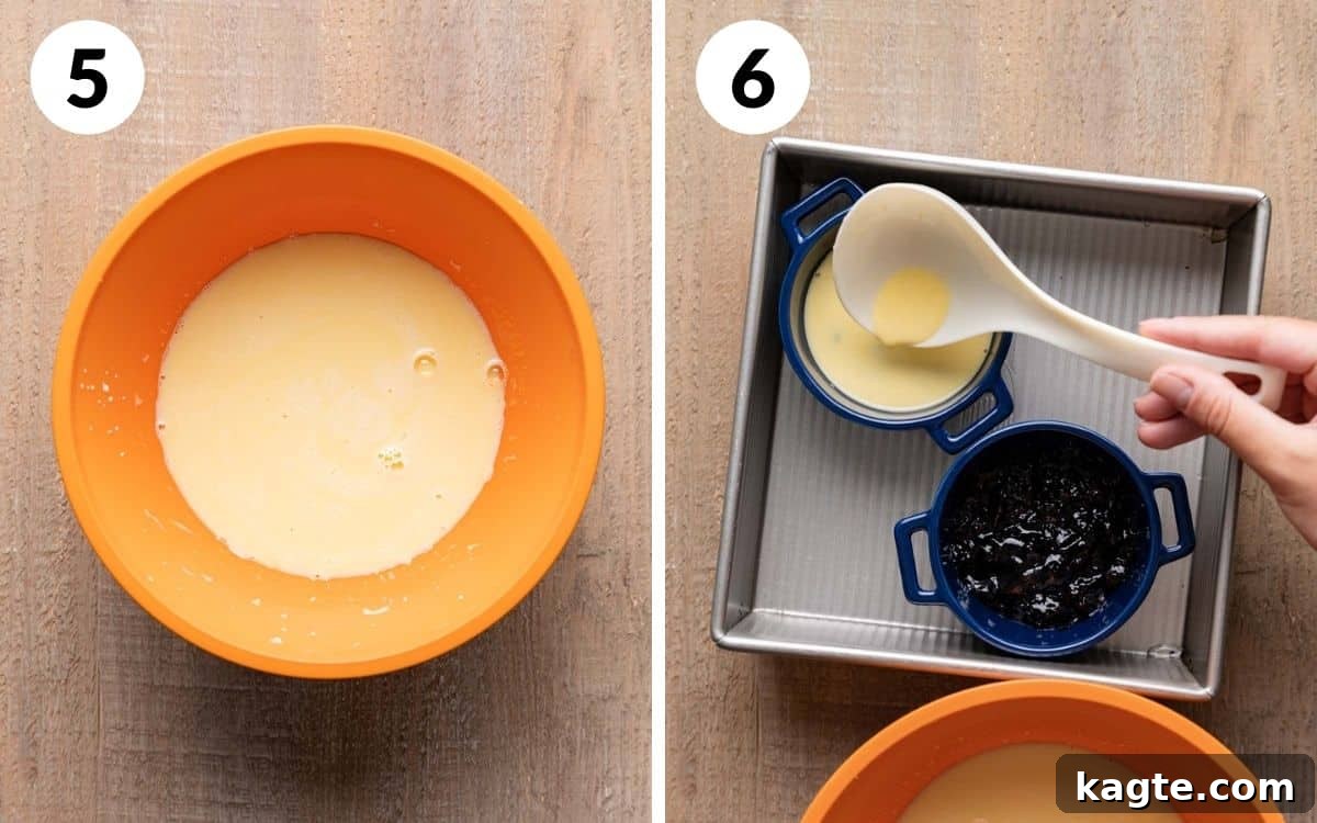 Double Delight Blueberry Crème Brûlée 6 Image showing finished custard in a bowl and the process of ladling custard into ramekins over the blueberry sauce.