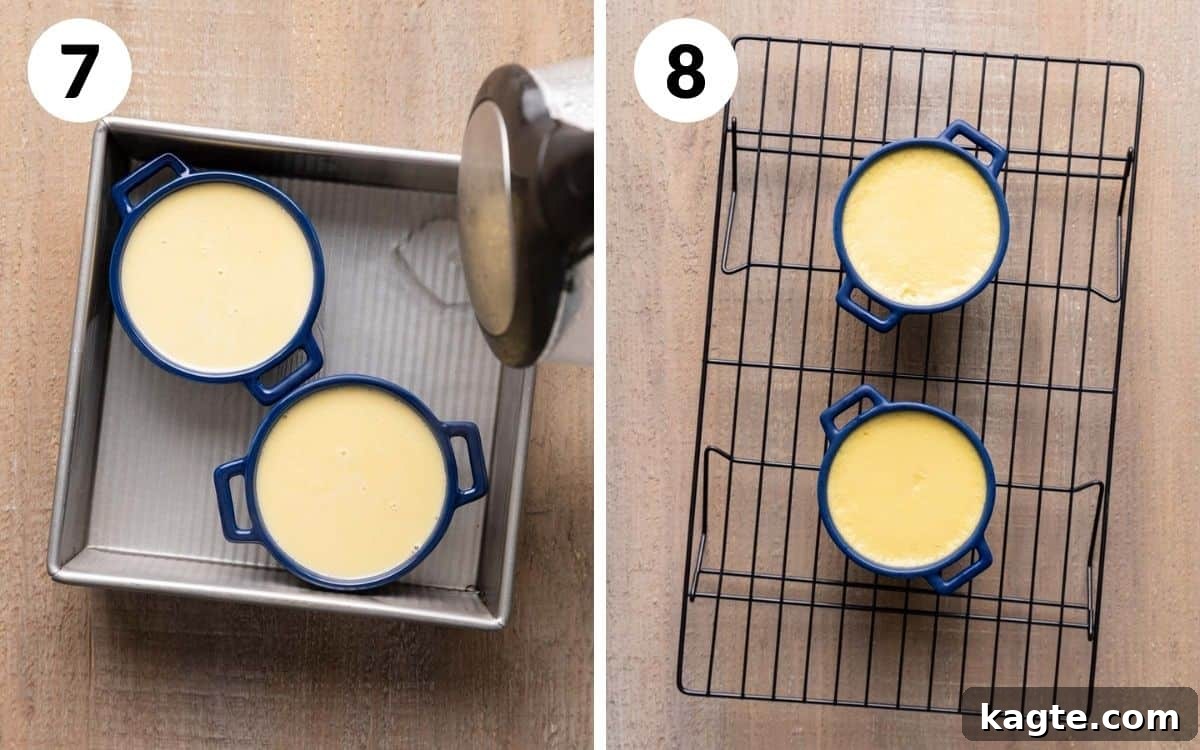 Double Delight Blueberry Crème Brûlée 7 Image showing hot water being poured into the baking pan around the ramekins, and baked crème brûlées cooling on a wire rack.
