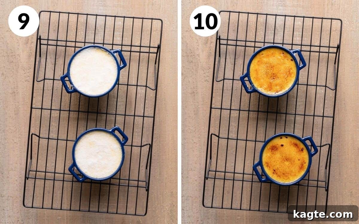 Double Delight Blueberry Crème Brûlée 8 Image showing sugar sprinkled on top of chilled crème brûlées, and another image of the caramelized topping after torching.