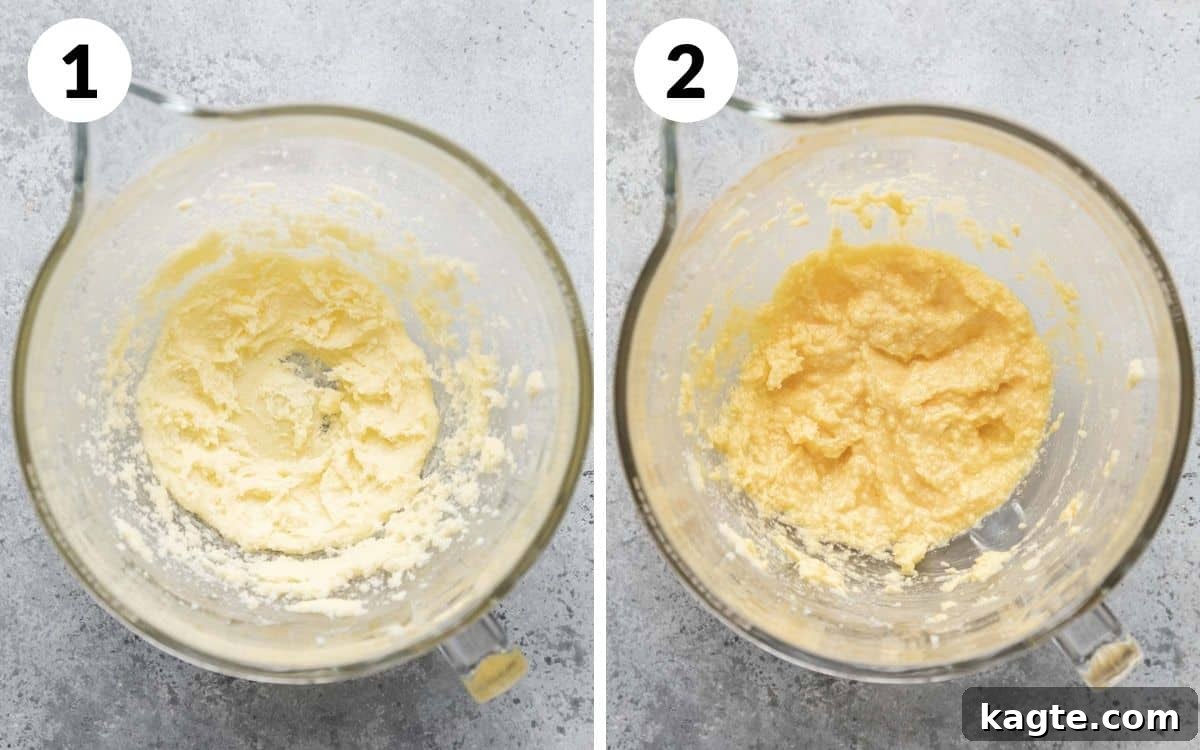Step-by-step photos showing butter and sugar creamed in a bowl, followed by eggs and vanilla added to the mixture, demonstrating the progression of the cookie dough.