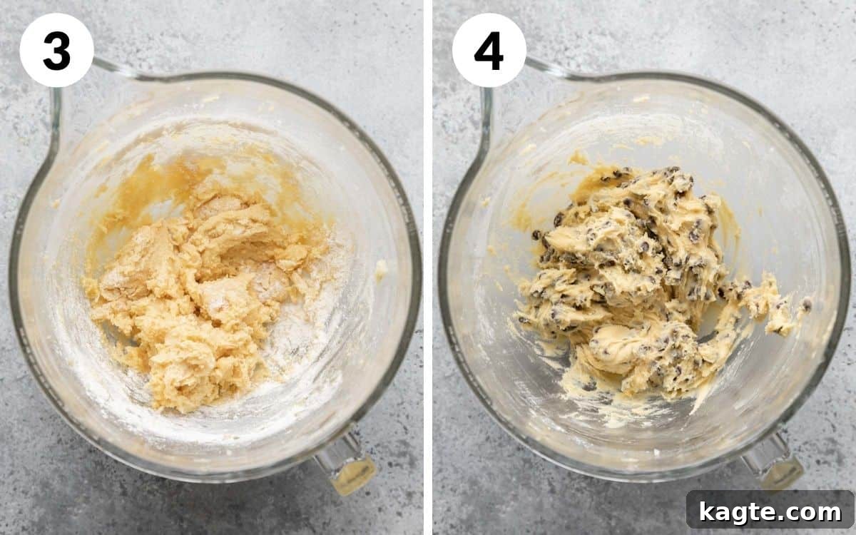 Two instructional photos: one showing dry ingredients (flour) partially mixed into the cookie dough, and the second showing chocolate chips fully stirred into the dough with no more visible flour.