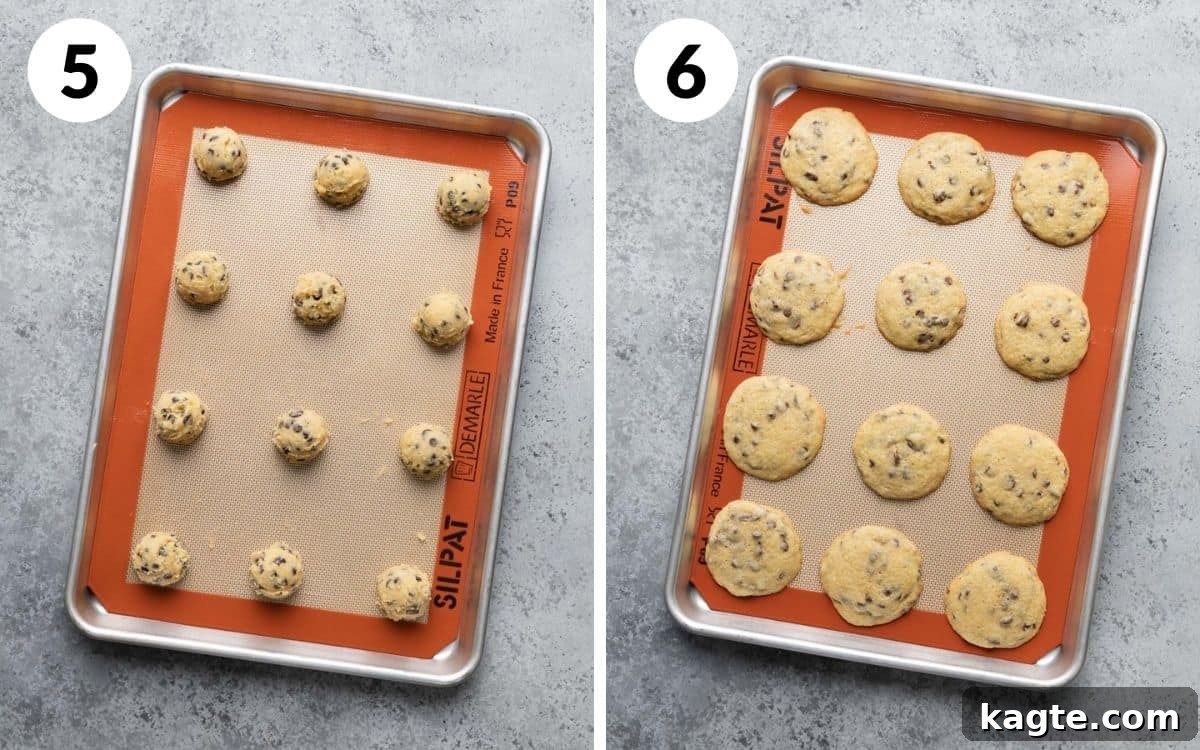 Two instructional photos: one showing neatly scooped cookie dough balls arranged on a baking sheet, and the second showing golden brown, freshly baked chocolate chip cookies still on the baking sheet.