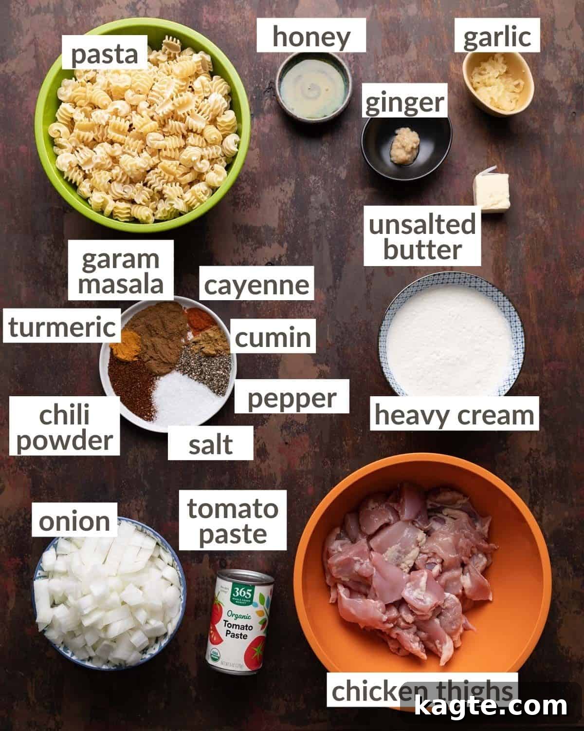 Overhead image of ingredients needed to make butter chicken pasta.