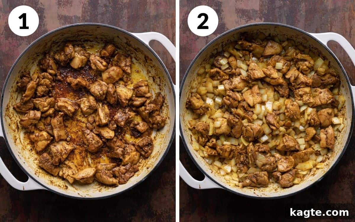 A 2 photo collage showing the beginning steps of butter chicken pasta.