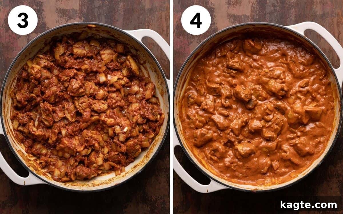 A 2 photo collage showing the beginning steps to make butter chicken pasta.