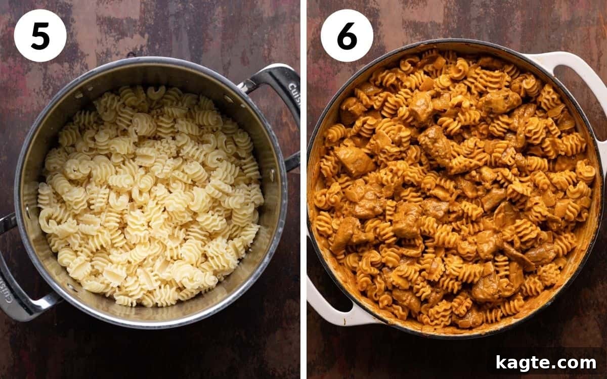 A 2 photo collage showing the final assembly of butter chicken pasta.