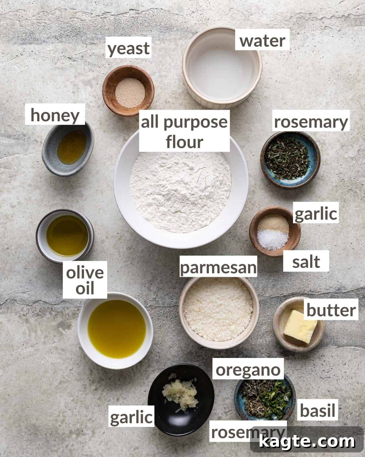 Overhead image of ingredients needed to make garlic herb breadsticks.