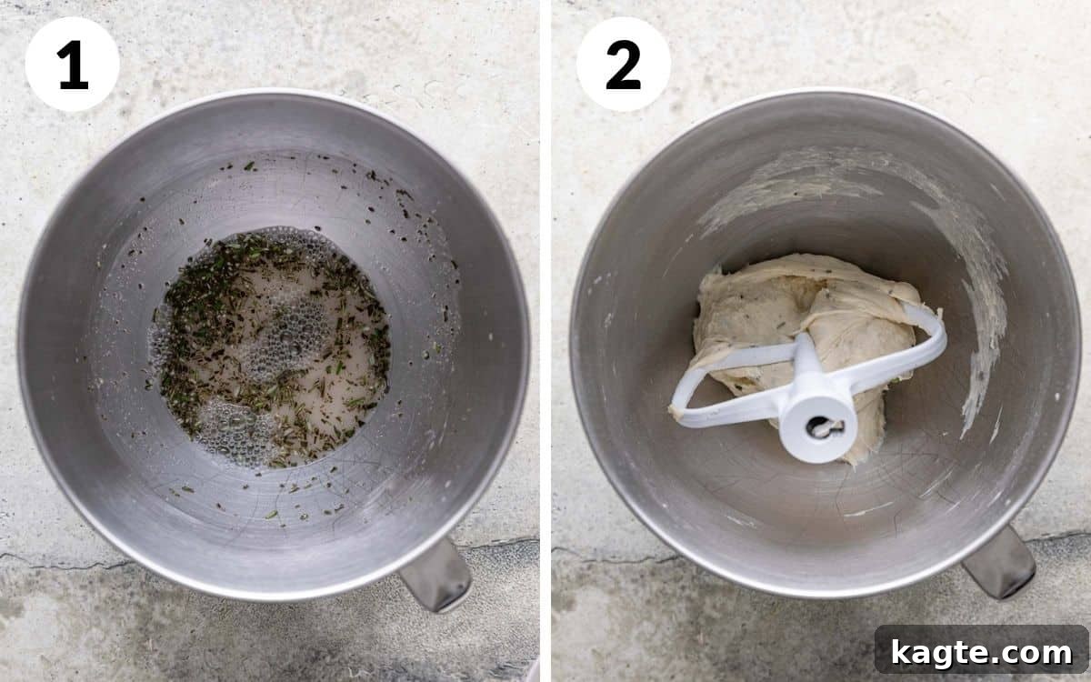 A 2 photo collage showing beginning steps for garlic herb breadsticks.