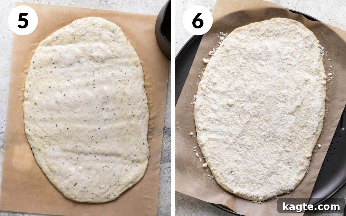A 2 photo collage showing further steps to make garlic herb breadsticks.