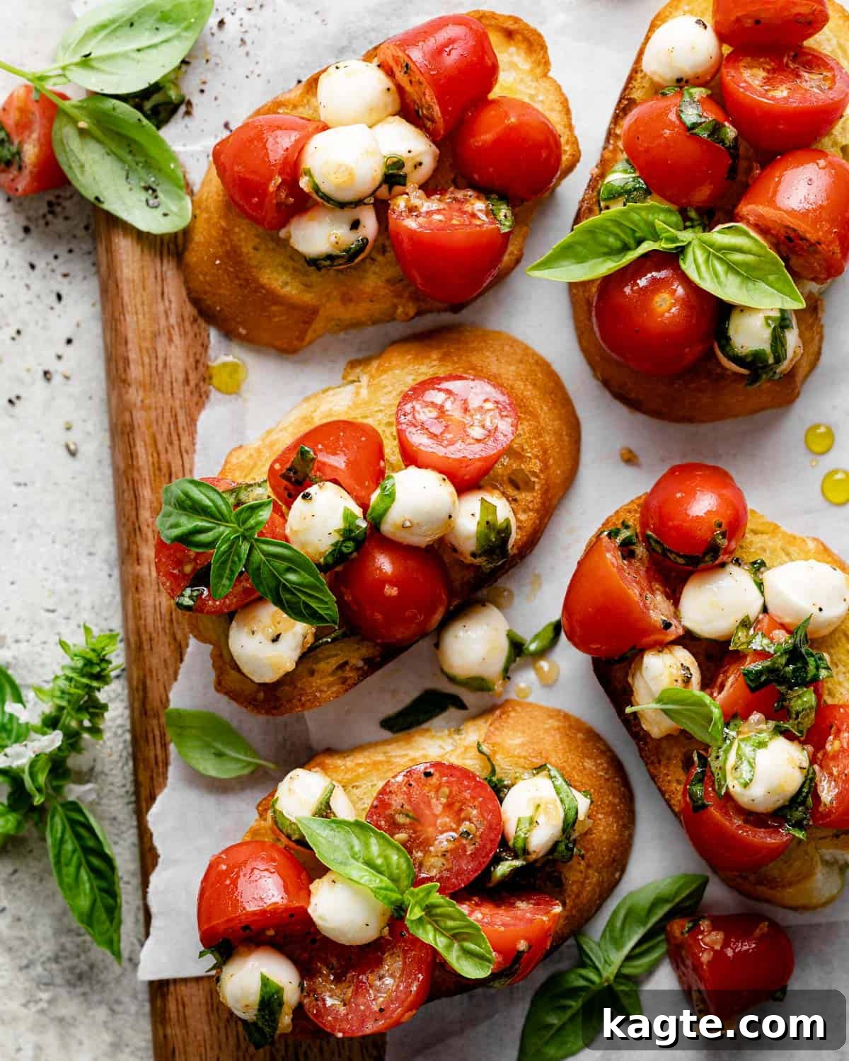 Creamy Mozzarella Bruschetta 2 Fresh Bruschetta with Mozzarella on toasted baguette slices, garnished with basil and balsamic glaze, ready to serve as a perfect summer appetizer.