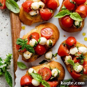 Creamy Mozzarella Bruschetta 8 Bruschetta with Mozzarella with balsamic glaze and basil garnish on toasted bread.