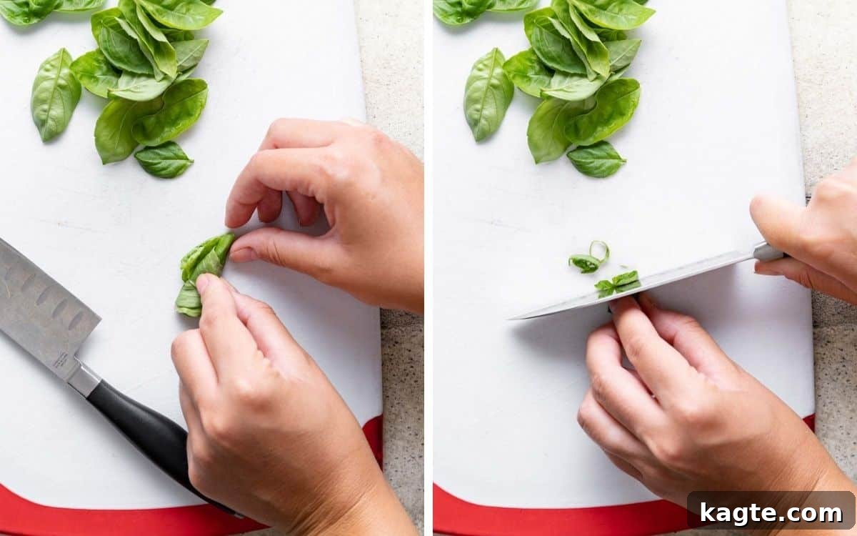 Creamy Mozzarella Bruschetta 4 Two images side by side. One shows basil leaves being rolled tightly. The other shows the rolled basil being thinly sliced into ribbons.