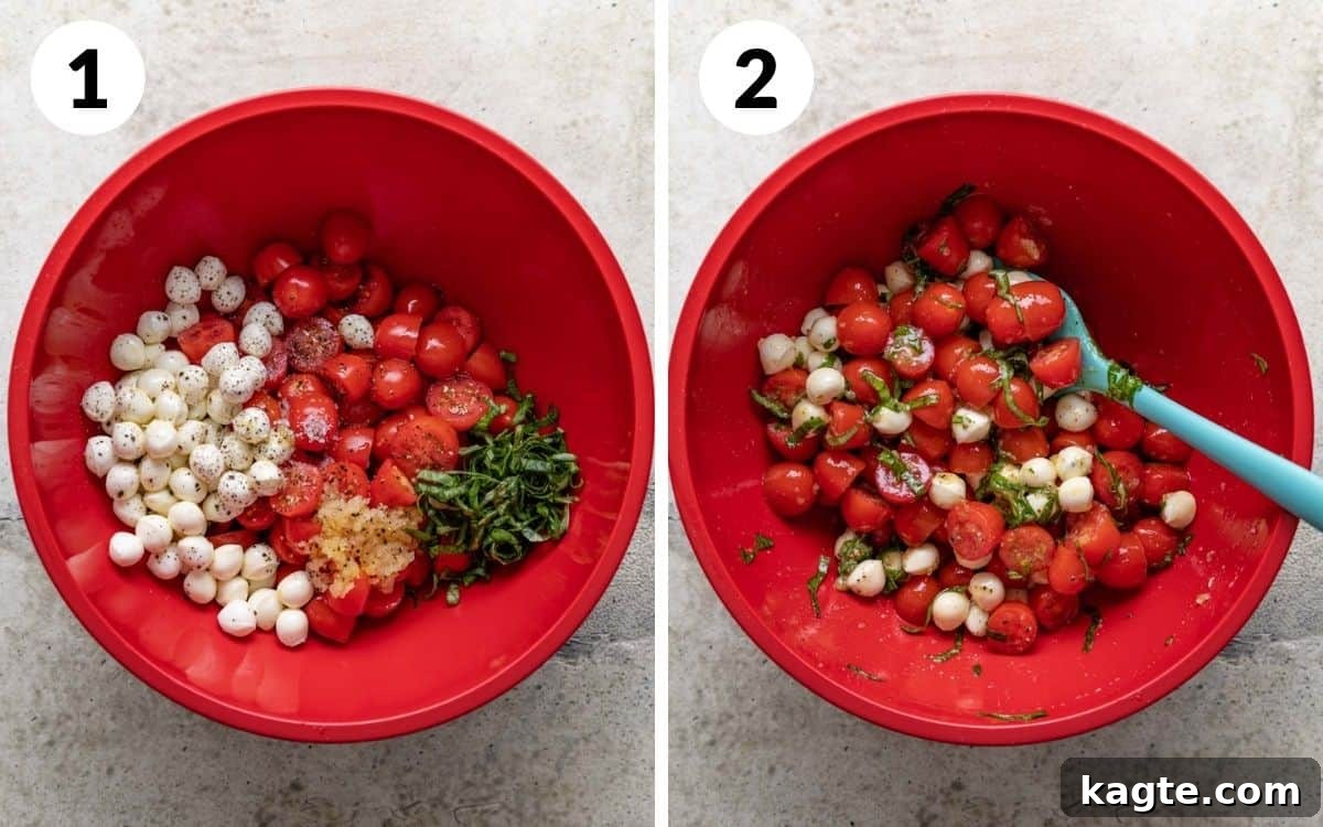 Creamy Mozzarella Bruschetta 5 Three images showing the process of mixing bruschetta ingredients. One shows individual ingredients, the next shows them in a bowl, and the last shows them gently folded together.