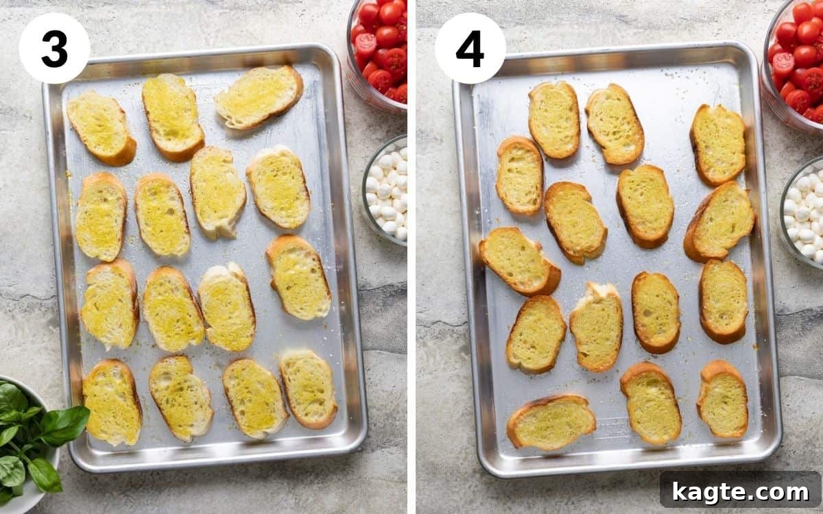 Creamy Mozzarella Bruschetta 6 Two images side by side. One shows baguette slices brushed with olive oil on a baking sheet. The other shows golden-brown toasted baguette slices on the same baking sheet.