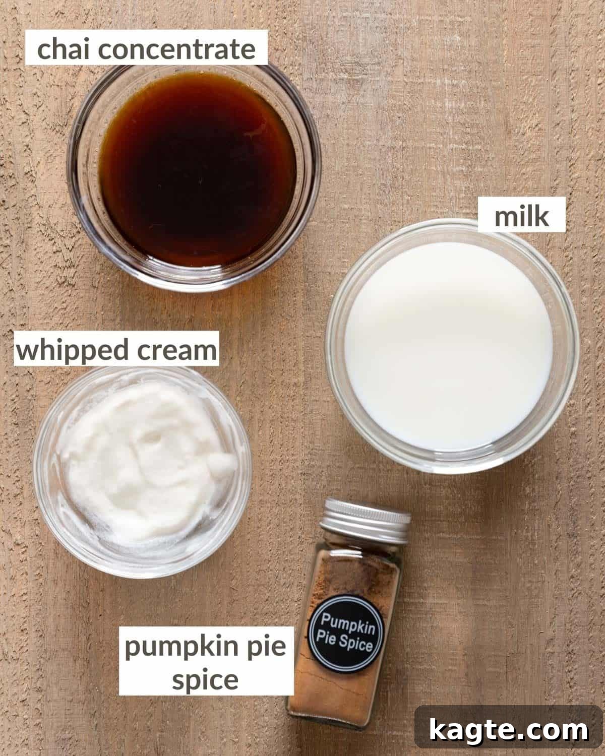 Craft Your Own Starbucks Chai Tea Latte 3 overhead shot of ingredients needed for Starbucks chai tea latte, including chai concentrate, milk, and honey
