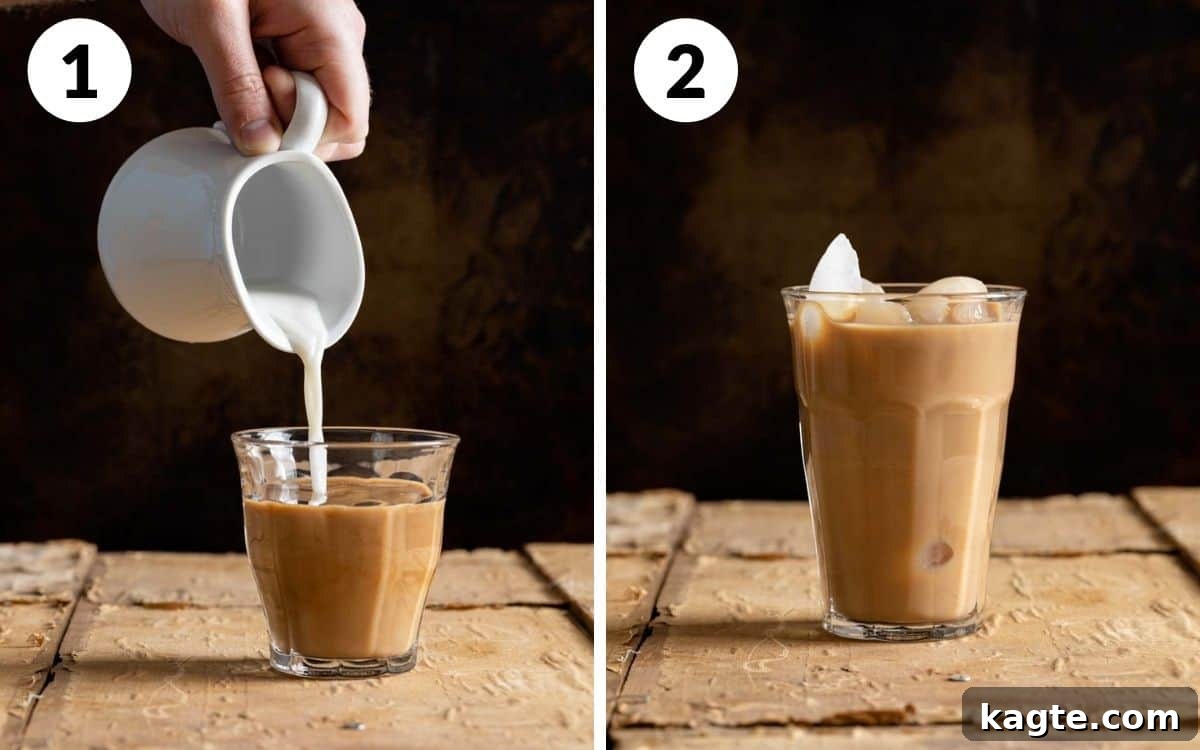 Craft Your Own Starbucks Chai Tea Latte 4 steps 1 & 2: milk being poured into concentrate, then chai poured over ice