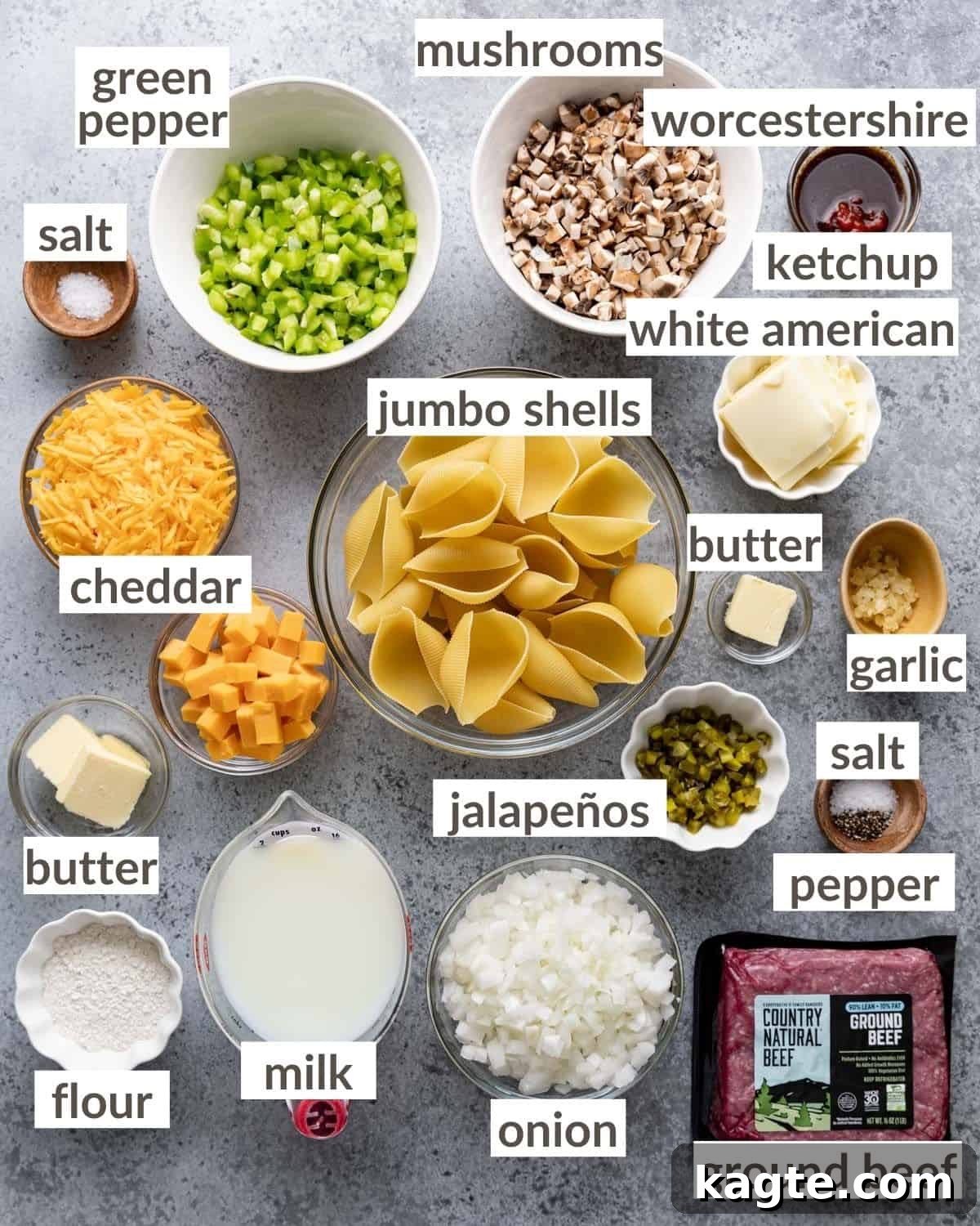 Loaded Philly Cheesesteak Shells 3 Overhead image of ingredients needed to make Philly cheesesteak stuffed shells with ground beef.