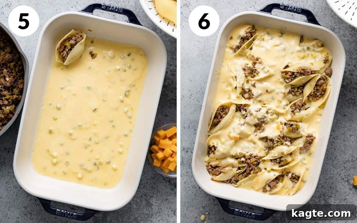 Loaded Philly Cheesesteak Shells 6 A 2 photo collage showing steps 5 and 6 for Philly cheesesteak stuffed shells.