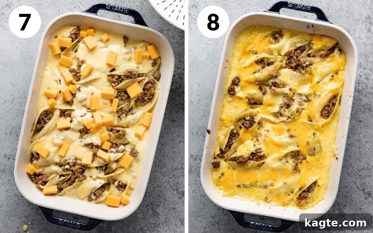 Loaded Philly Cheesesteak Shells 7 A 2 photo collage showing the final steps for Philly cheesesteak stuffed shells with ground beef.