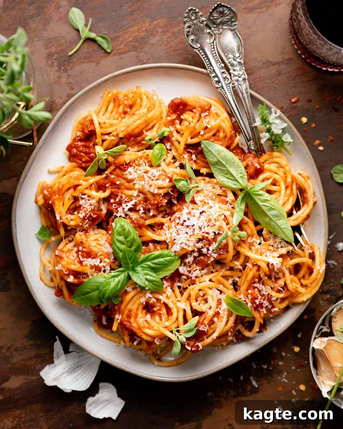 Delicious Hearty Marinara Sauce served over spaghetti, ready to be enjoyed.