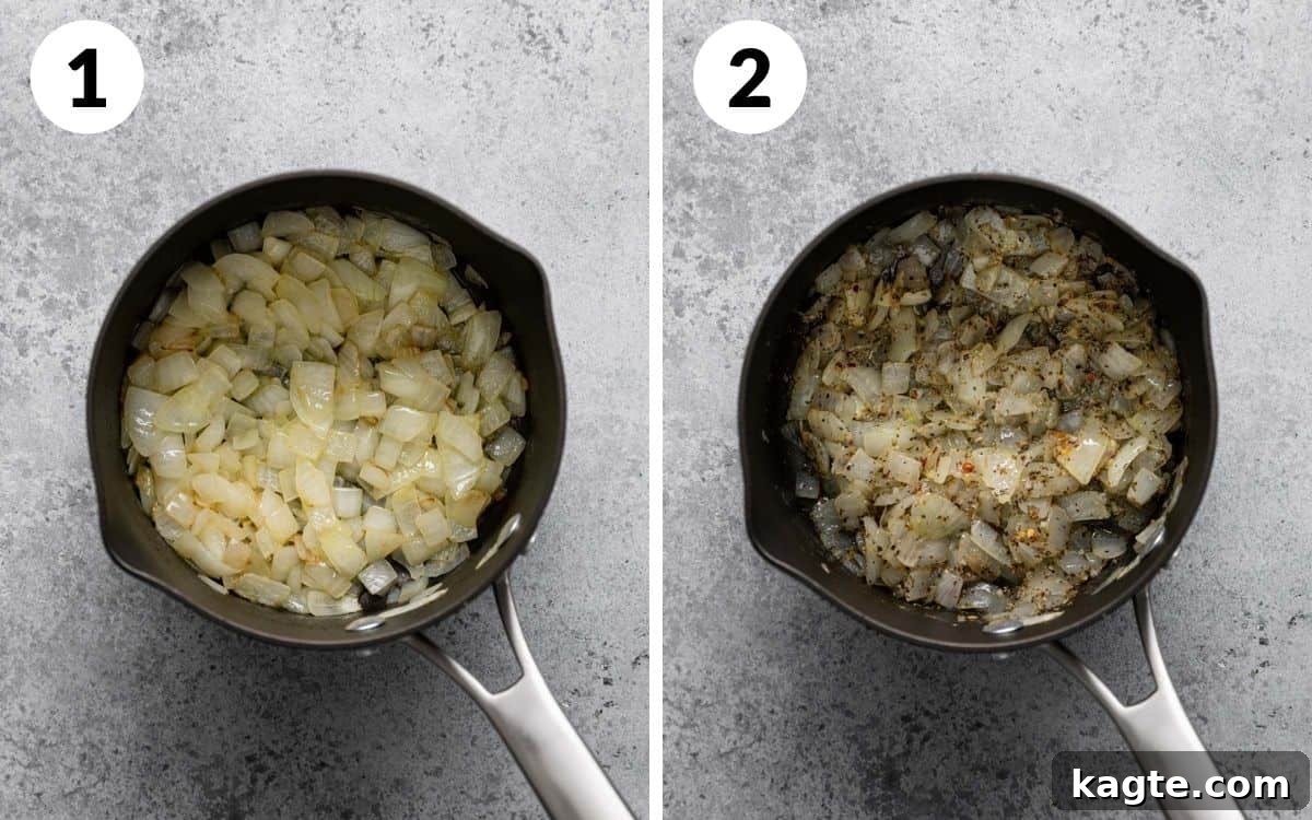 Two images: The first shows diced onions softening in a pan. The second shows onions combined with fragrant spices.