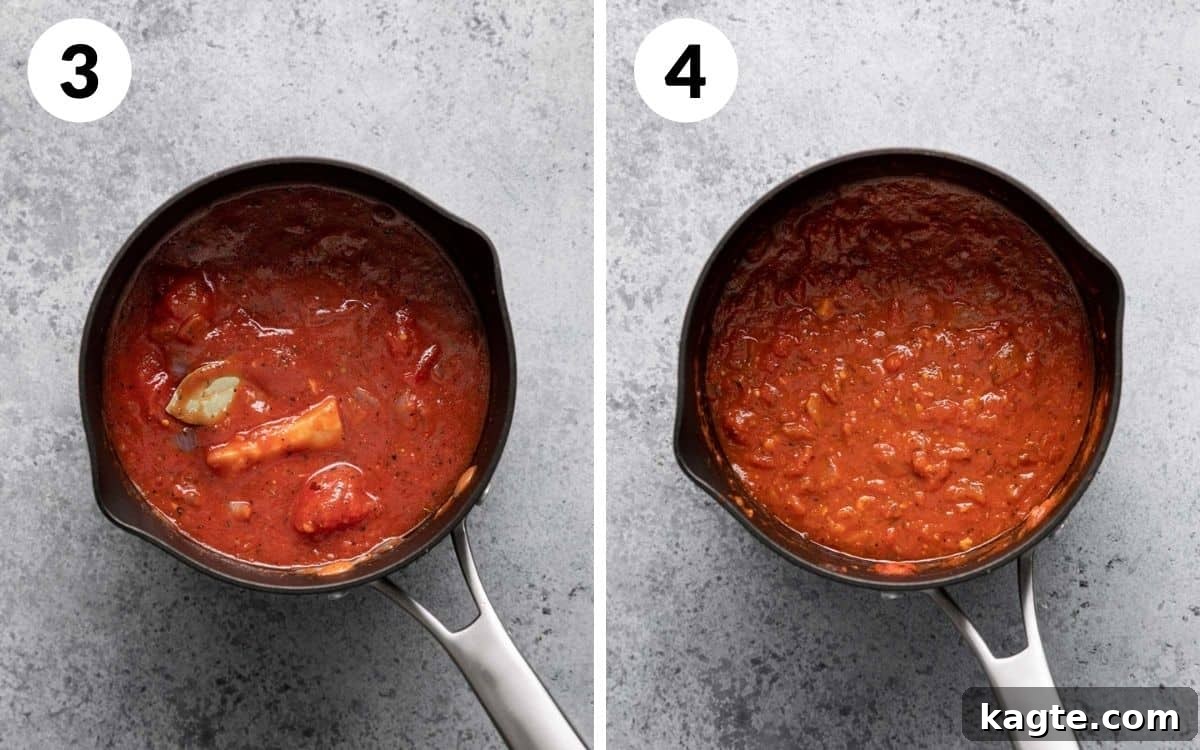 Two images illustrating the cooking process: The first shows the marinara sauce just before simmering with all ingredients combined. The second shows the rich, reduced sauce after simmering, with the bay leaf and rind removed.