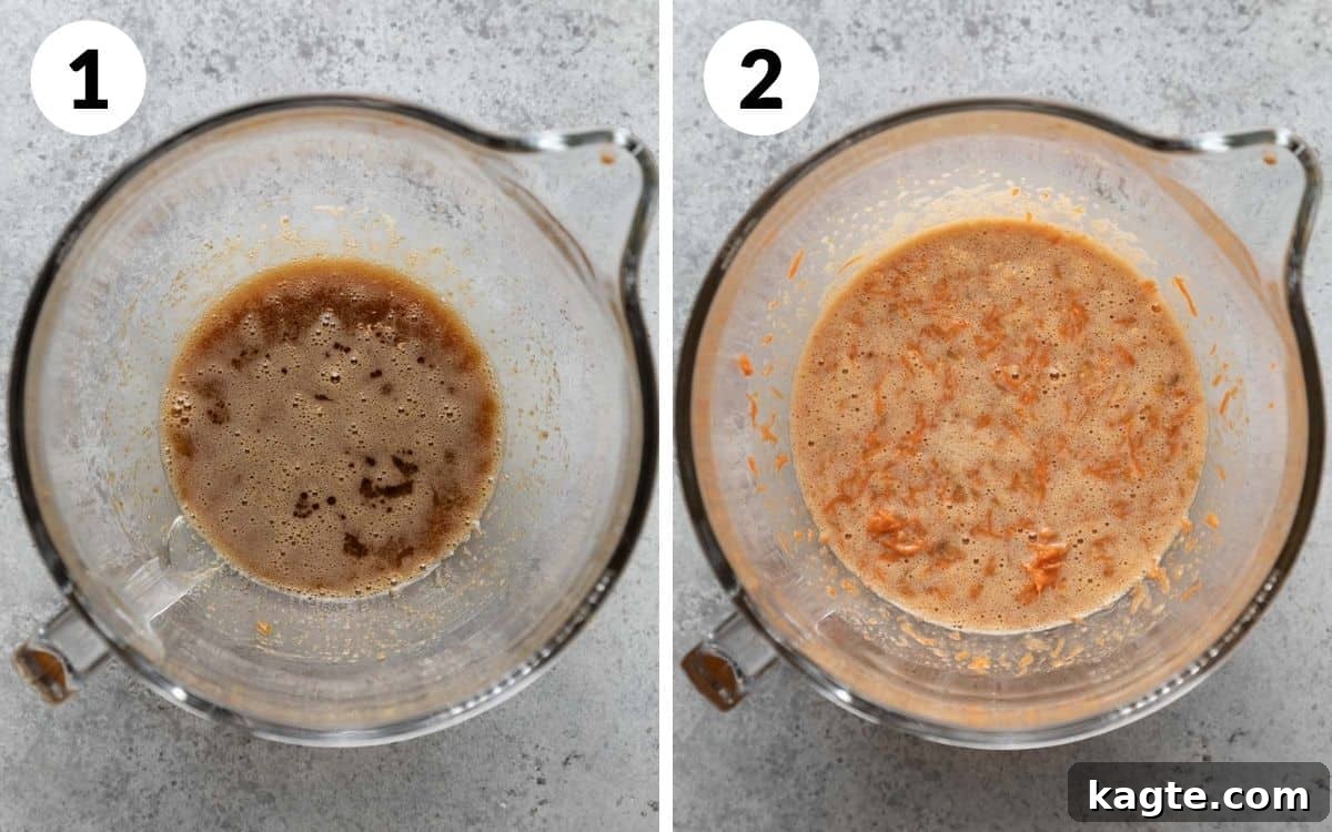 Garden Patch Banana Carrot Muffins 4 Two images side by side. Left: wet ingredients (eggs, oil, brown sugar, vanilla) mixed in a bowl. Right: mashed banana and grated carrot added to the wet mixture, ready for gentle mixing.
