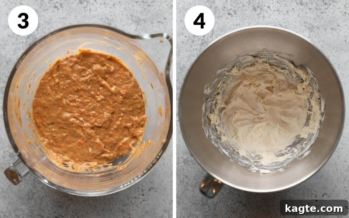 Garden Patch Banana Carrot Muffins 5 Two images side by side. Left: dry ingredients (flour, spices) folded into the muffin batter. Right: cream cheese, sugar, and vanilla beaten smooth in a separate bowl for the filling.