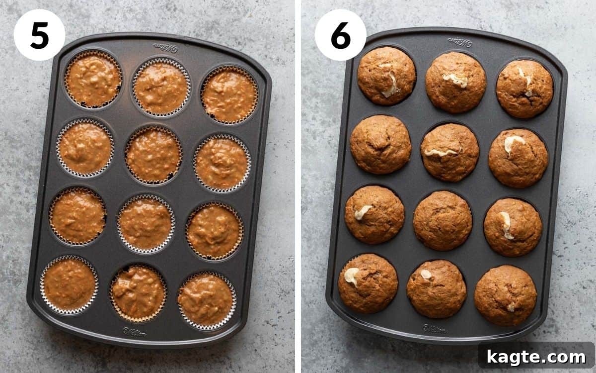 Garden Patch Banana Carrot Muffins 6 Two images side by side. Left: muffin cups filled with layered batter and cream cheese filling. Right: a tray of freshly baked, golden-brown banana carrot muffins.