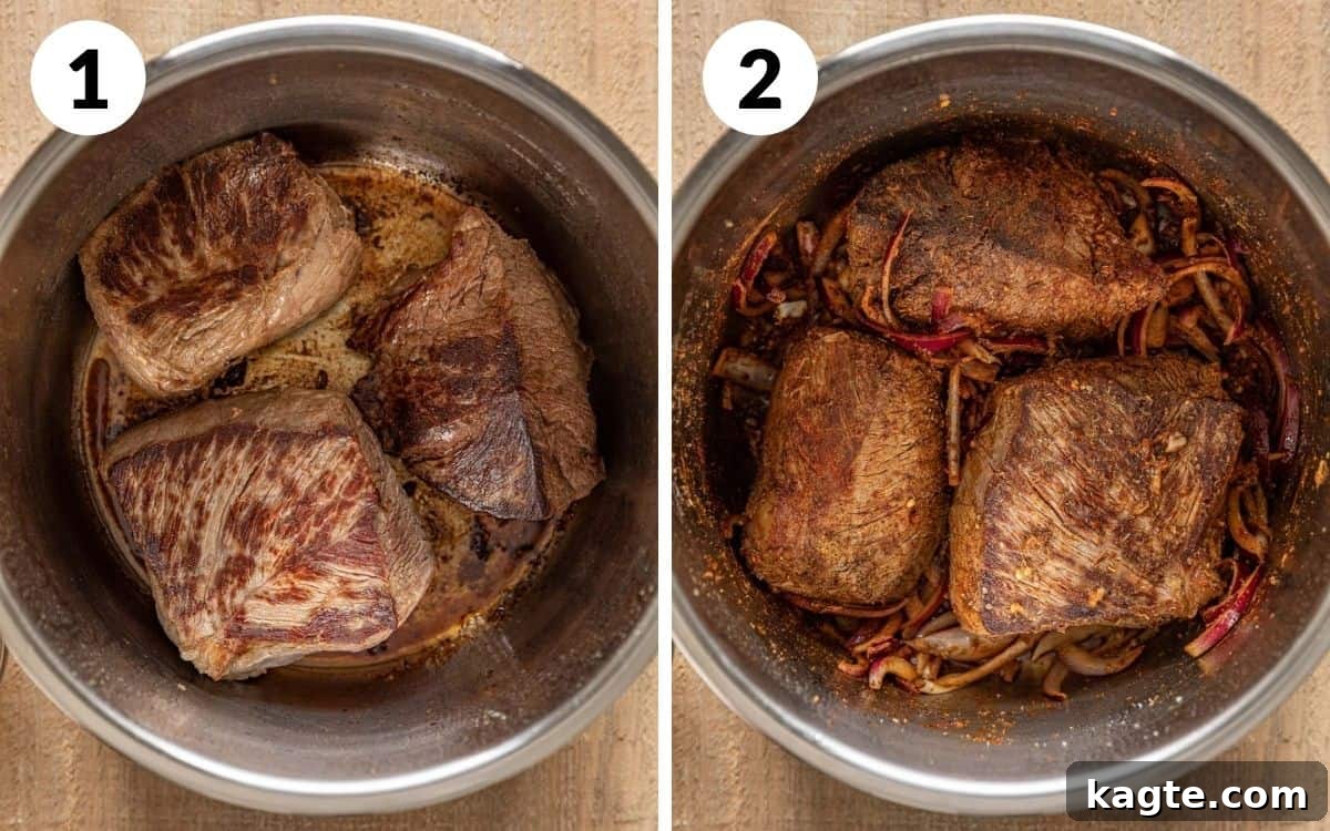 steps 1 & 2 meat browned in pot onions and spiced added to meat