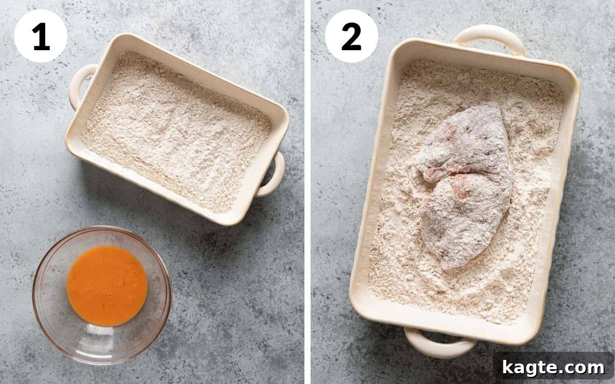Crispy Air Fryer Chicken Fried Steak 4 Two images side by side: one showing a dredging station with egg wash and breading, the other showing a steak being coated in the flour mixture.