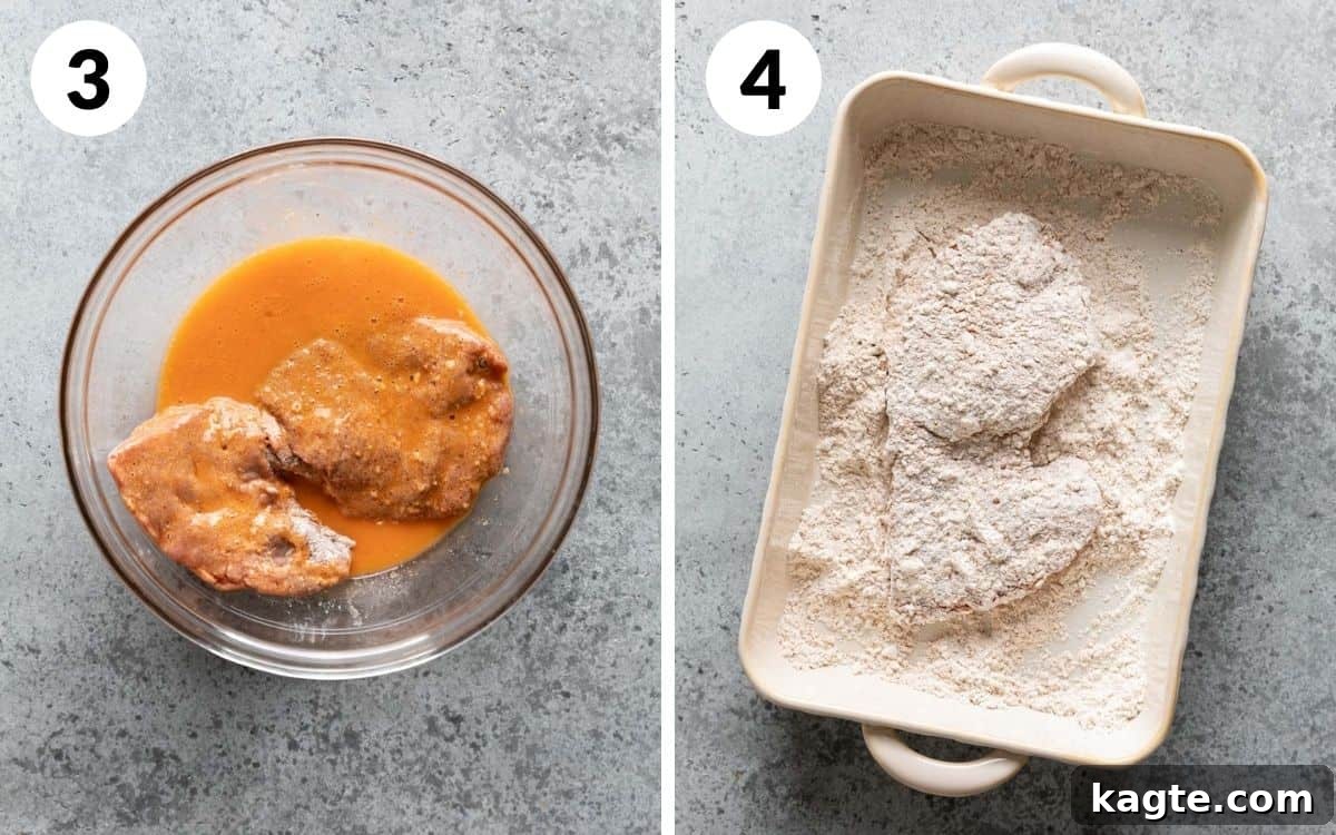 Crispy Air Fryer Chicken Fried Steak 5 Two images side by side: one showing a steak in egg wash, the other showing the steak back in the flour for a second coating.