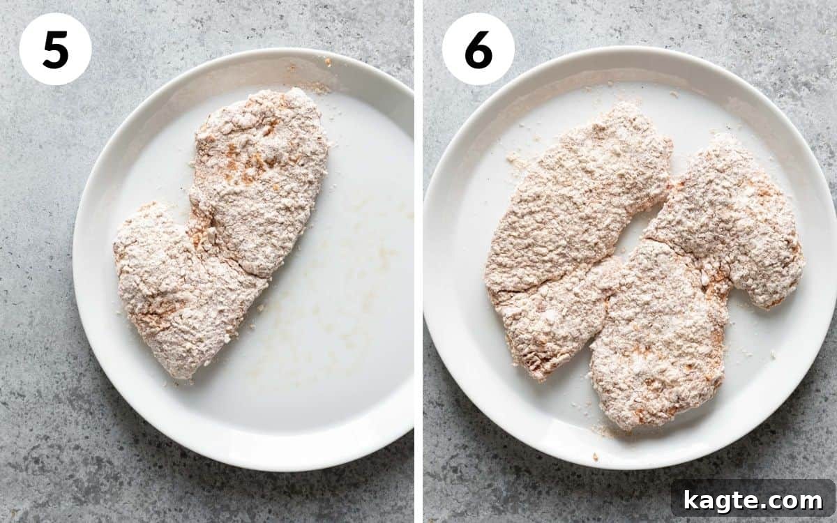 Crispy Air Fryer Chicken Fried Steak 6 Two images side by side: one showing a single breaded steak, the other showing both breaded steaks resting on a plate.