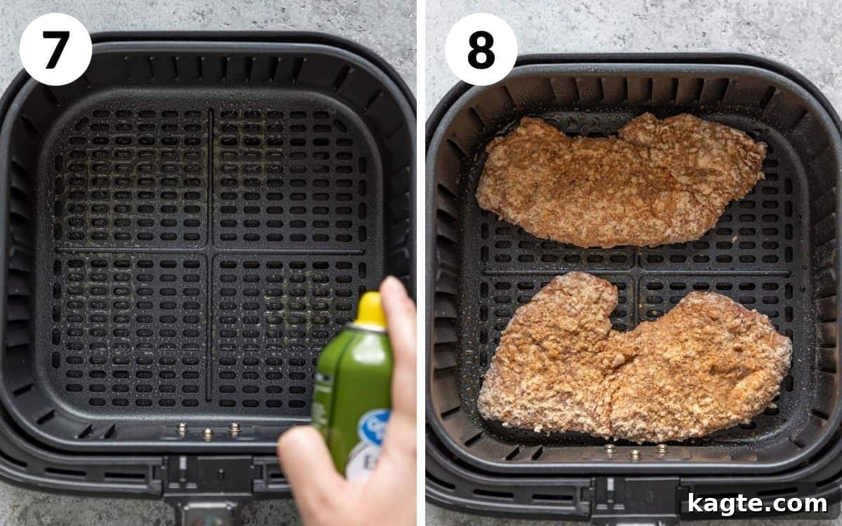 Crispy Air Fryer Chicken Fried Steak 7 Two images side by side: one showing a greased air fryer basket, the other showing a breaded steak placed inside the basket.