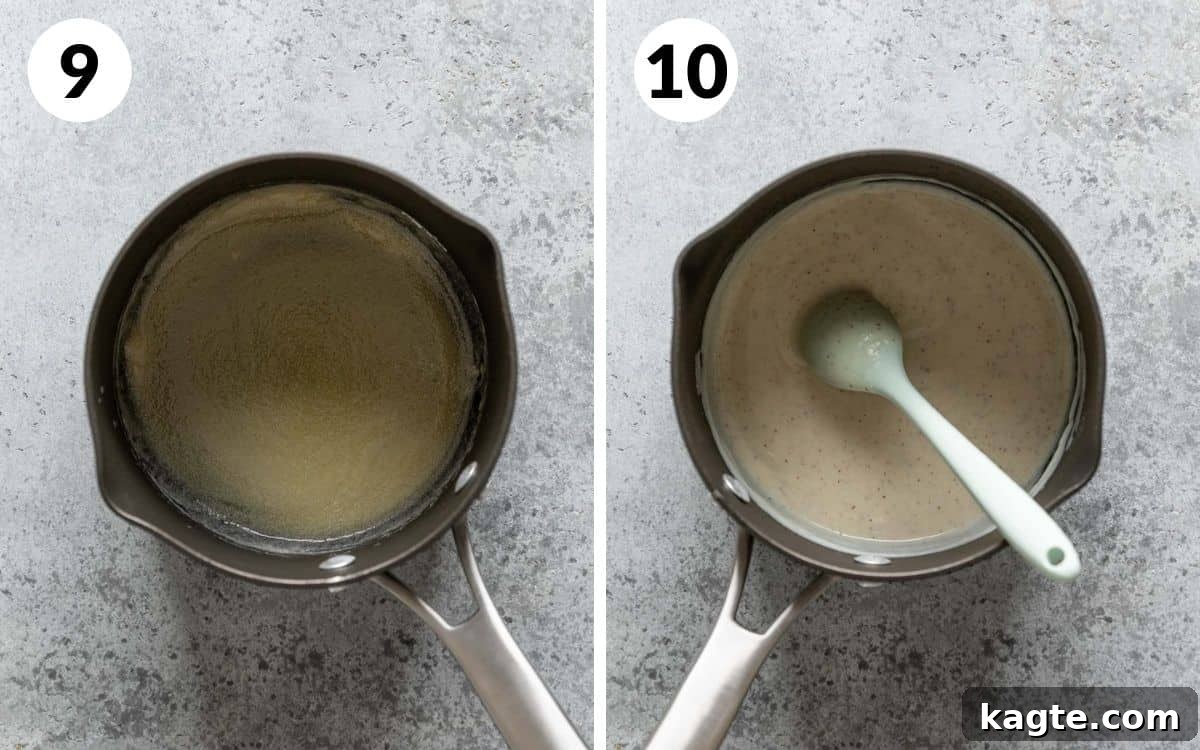 Crispy Air Fryer Chicken Fried Steak 8 Two images side by side: one showing butter and flour forming a paste in a pot, the other showing thickened gravy in a pot.
