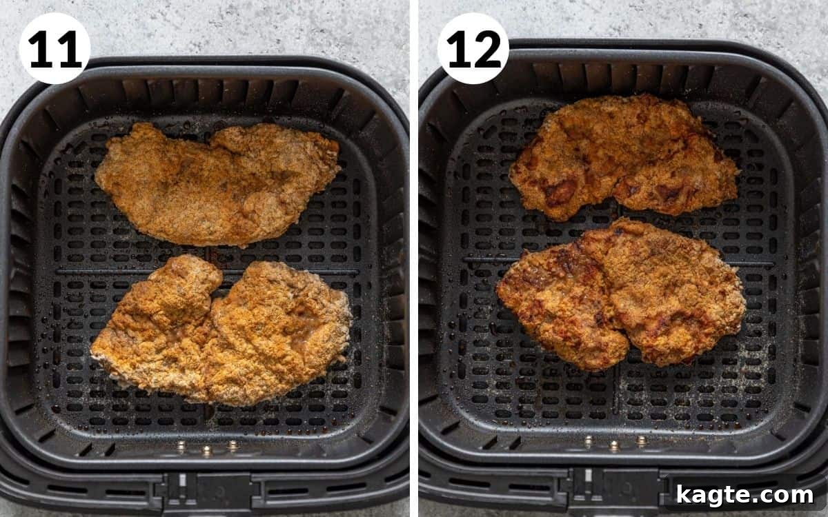Crispy Air Fryer Chicken Fried Steak 9 Two images side by side: one showing steaks halfway through cooking in an air fryer, the other showing golden brown cooked steaks in the air fryer.