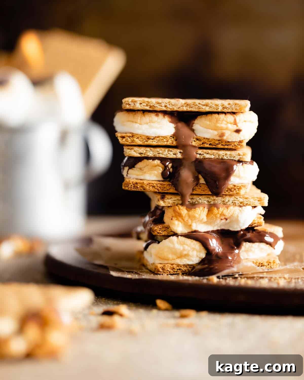 Gooey Air Fryer S'mores 2 Stacked Air Fryer S'mores, showcasing golden-brown marshmallows and melted chocolate on crisp graham crackers.