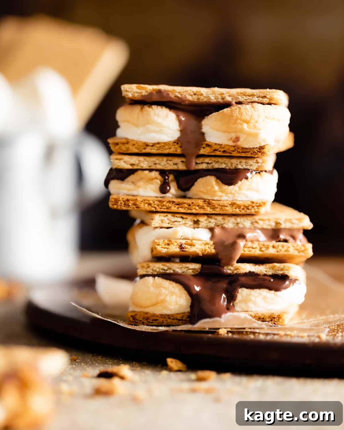 Gooey Air Fryer S'mores 6 Close-up side view of a perfectly stacked Air Fryer S'more with a rich, melted chocolate layer and golden-brown marshmallow.