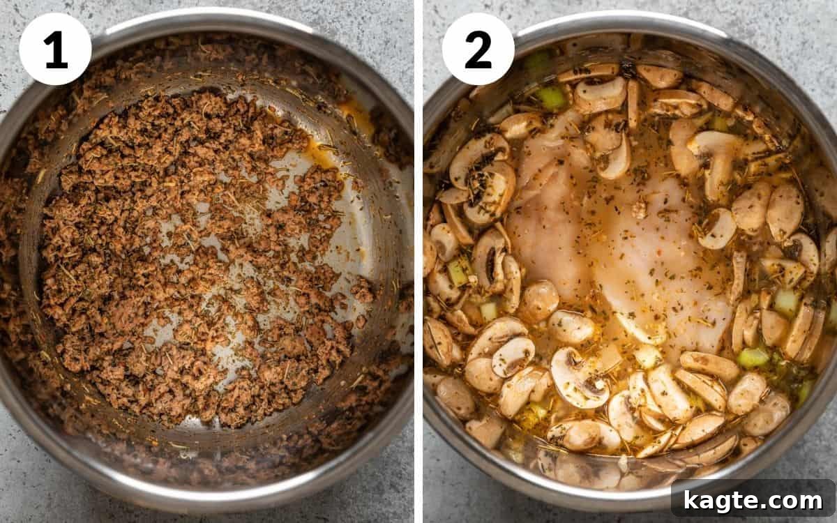 steps 1 & 2
sausage browned in pot
vegetables, chicken, and broth added