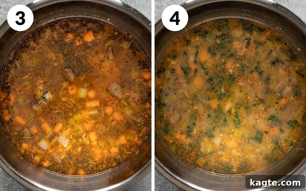 steps 3 & 4
soup after pressure cooking 
kale wilted into chicken and rice soup in instant pot