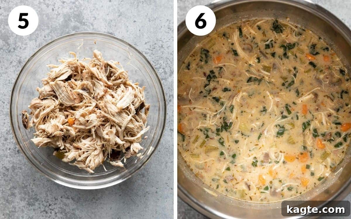 steps 5 & 6
shredded chicken in bowl
chicken and rice soup in the instant pot