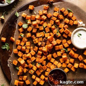 Crispy Air Fryer Sweet Potato Cubes 7 A serving of Air Fryer Sweet Potato Cubes on a white platter with a side of garlic aioli