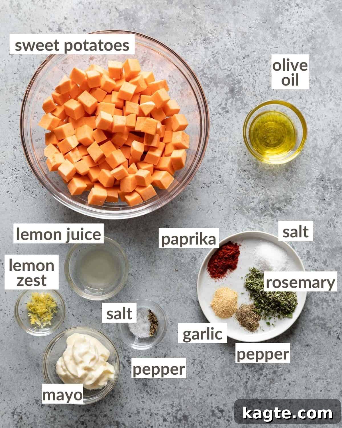 Crispy Air Fryer Sweet Potato Cubes 3 Overhead view of all ingredients for air fryer sweet potato cubes in small bowls