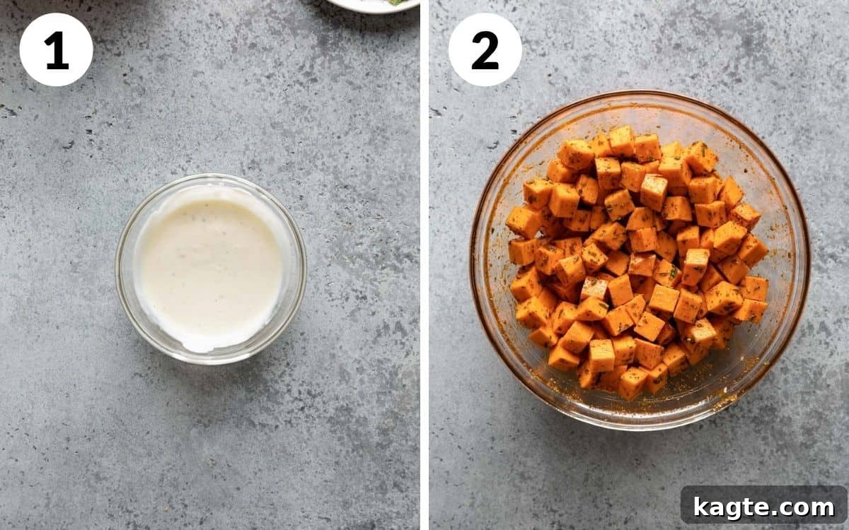 Crispy Air Fryer Sweet Potato Cubes 4 Steps 1 & 2: A bowl of garlic lemon aioli and a bowl of sweet potatoes tossed with spices