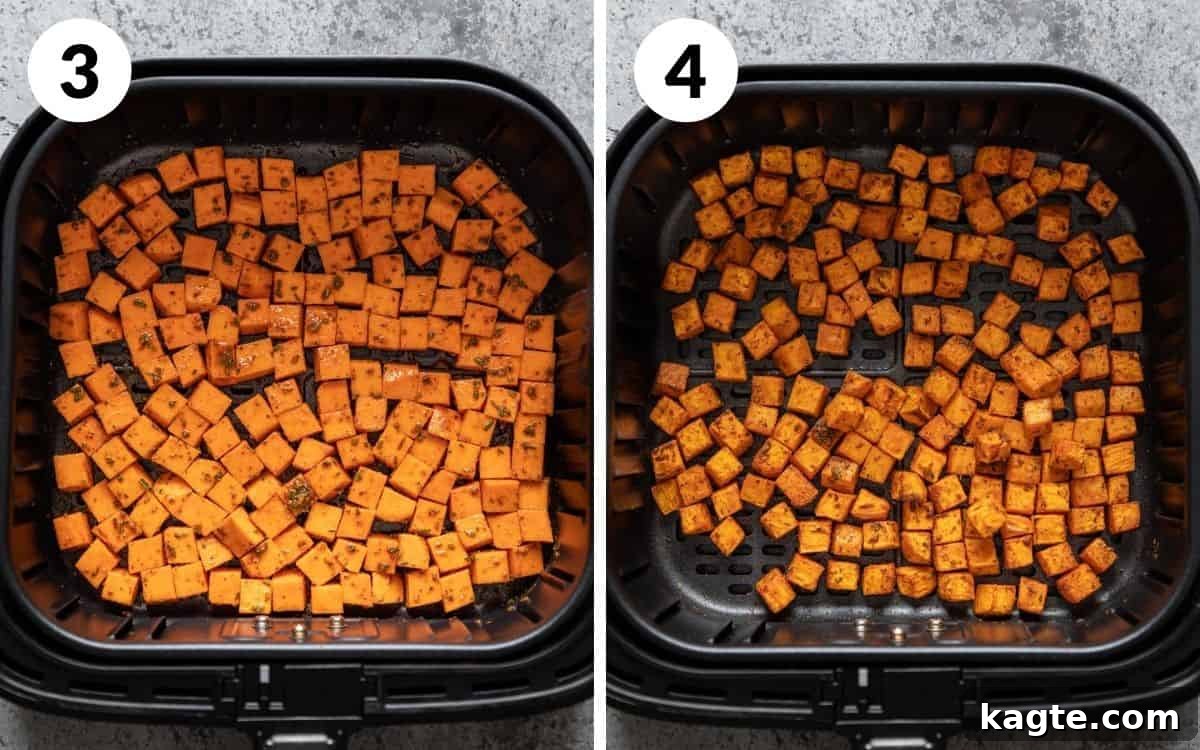 Crispy Air Fryer Sweet Potato Cubes 5 Steps 3 & 4: Sweet potato cubes in an air fryer basket before and after cooking