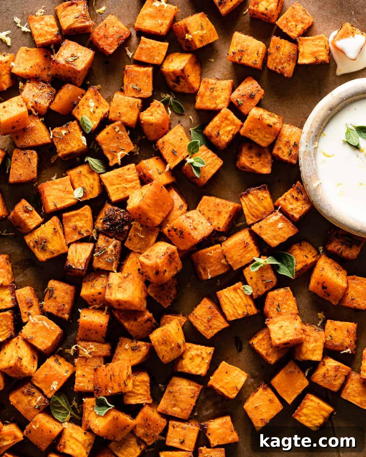 Crispy Air Fryer Sweet Potato Cubes 6 Close-up of crispy air fryer sweet potato cubes on a platter